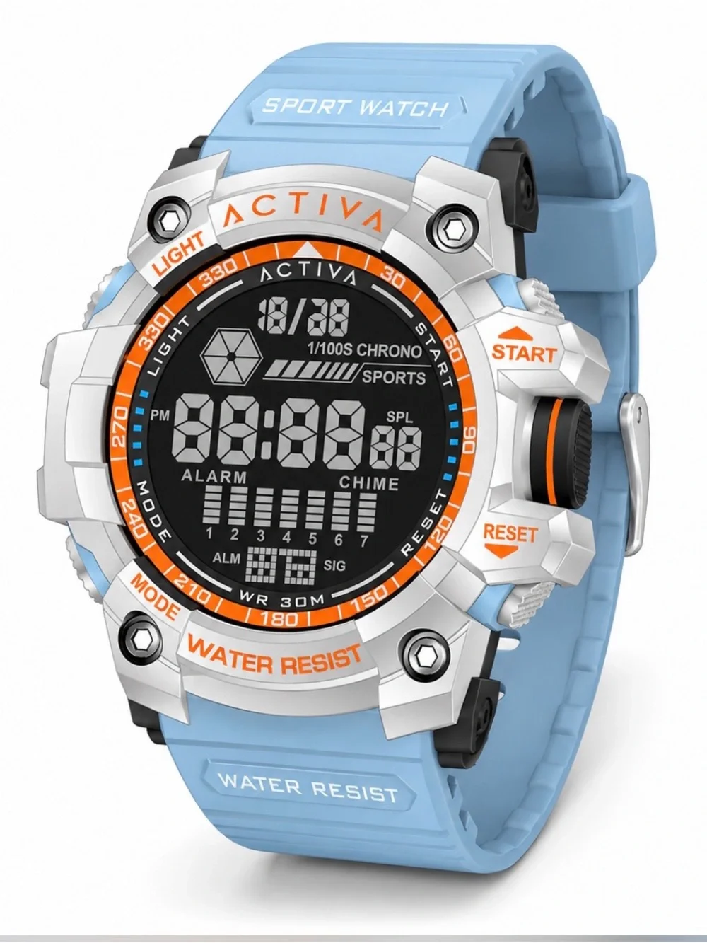 Ativa Light Blue and White Digital Sports Watch with Orange Accents